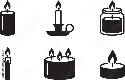 Konstfotografi Six stylish black candles with lit wicks in minimalist vector icons Vector