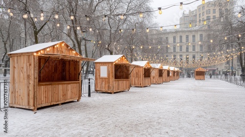 Wooden Market Stalls in Snowy Park with String Lights During Winter