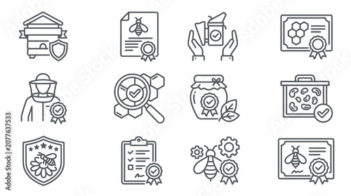 Organic honey inspection and quality control line icons.