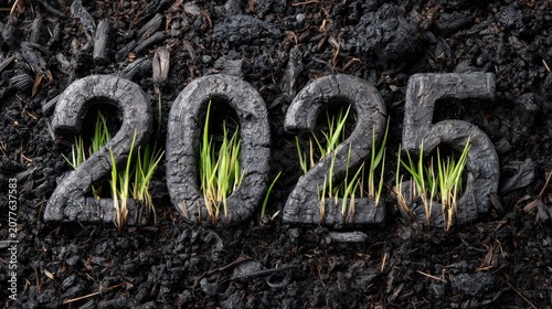 Year 2022 Numbers Made of Charcoal and Green Sprouts Growing in Soil