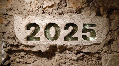 Year 2025 Metal Number Cutouts Embedded in Rough Stone Wall for Future Planning