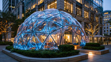 Sleek multistory glass and stone building wrapped in a translucent glowing connectivity dome at soft bright daylight manicured greenery and warm interior glow distant