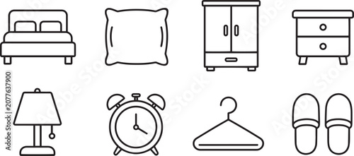 Schilderij op canvas Bedroom Modern and Premium Icon Set, Featuring bed, pillow, wardrobe, nightstand