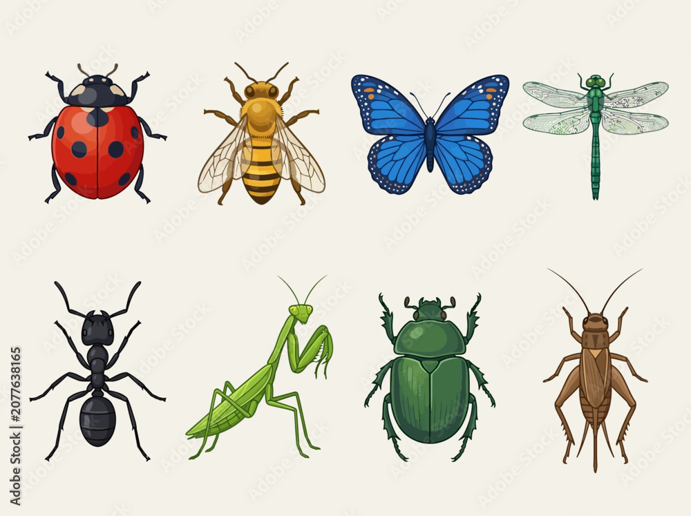 Fototapeta premium Vector Illustration Set of Common Insects Including Butterfly Bee Ladybug Dragonfly Ant Beetle Mantis and Cricket