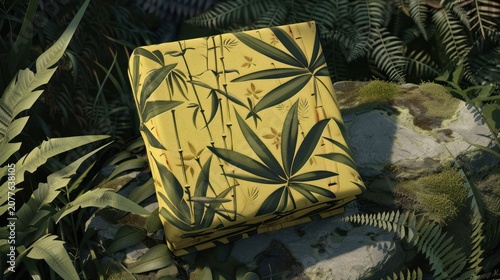 Yellow Upholstered Chair with Tropical Leaf Pattern in Lush Greenery