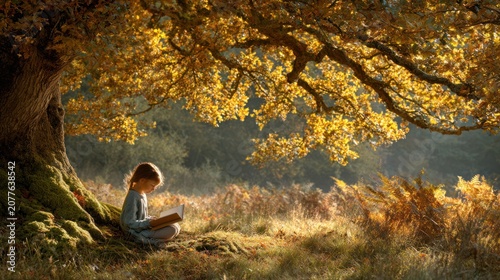 Young Girl Sitting Under Large Autumn Tree Reading Book in Sunlit Forest Scene