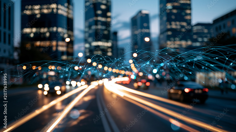 Fototapeta premium Glowing city street with long luminous light trails threading between brightly lit skyscrapers at soft dusk reflective wet asphalt and atmospheric glow no people cinematic