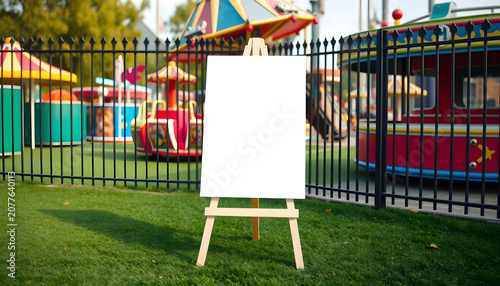 Blank white mockup background texture of a standing easel at the entrance of an entertainment ride in a park. Empty sign board placed outdoor on artificial turf against metal fence, one line art. Wh