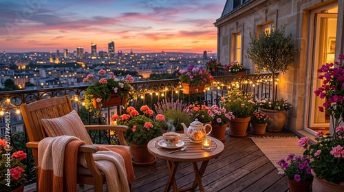 Cozy wooden balcony terrace featuring a steaming porcelain teapot and teacup on a small round table surrounded by vibrant blooming potted flowers under a warm glowing string of fairy lights