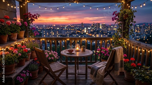 Wooden balcony table with a warm cup of coffee and a glowing candle surrounded by vibrant potted flowers under string lights overlooking a blurred city skyline during a colorful sunset.