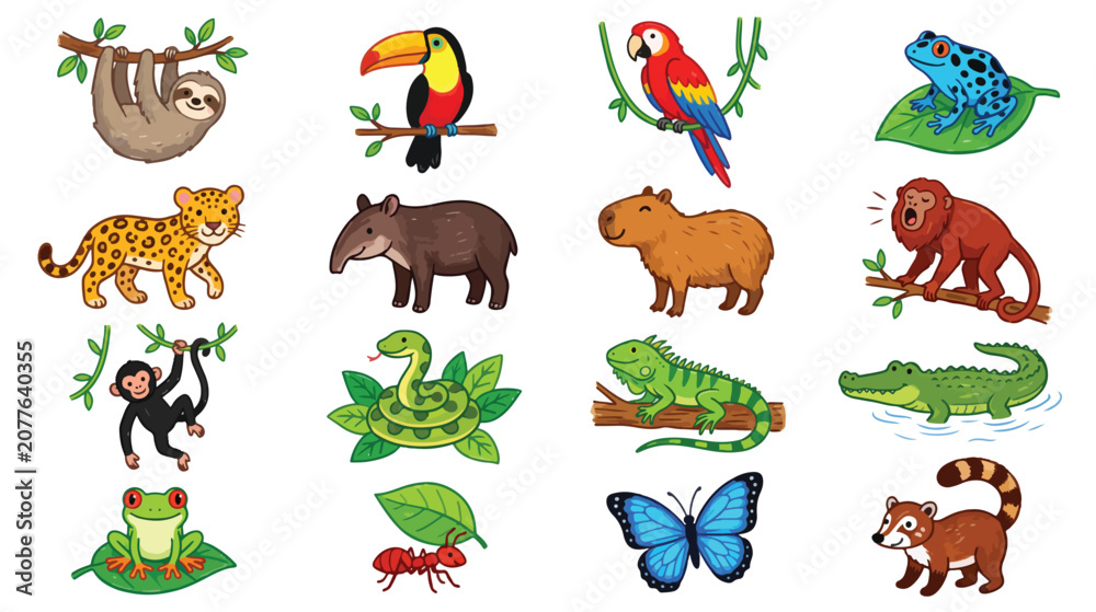Fototapeta premium Cute Crayon Rainforest Animals Collection Hand Drawn Kids Style Vector
