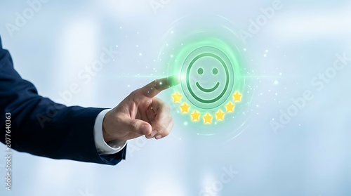 Businessman interacting with a digital smiley face interface with glowing rating stars in a futuristic setting, representing customer satisfaction and feedback.