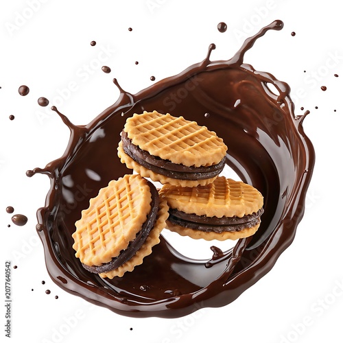 Delicious chocolate sandwich cookies with golden wafers and rich chocolate filling splashing in a pool of melted chocolate isolated on white background for dessert or snack advertising.
