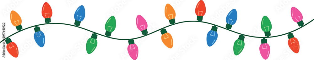 Fototapeta premium Christmas string lights with colorful bulbs on a dark green wire
