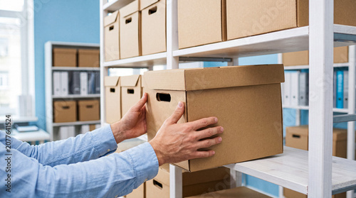 Photos Male hands placing a brown cardboard storage box neatly onto a white shelf in an organized office archive room