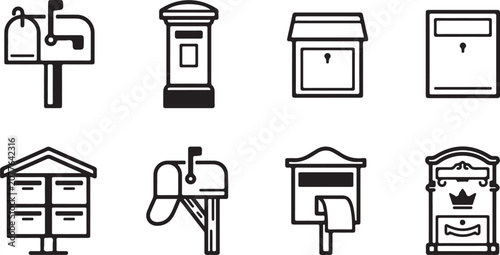 Foto Eight different mailbox and postbox icons in black and white style Vector
