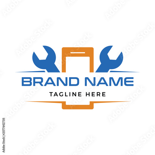 Smartphone Repair Logo Template, Mobile Phone Service with Wrench Tool Vector
