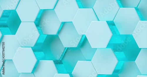 Abstract 3d hexagon grid background with white tiles and digital glowing cyan light. 4k seamless loop animation.