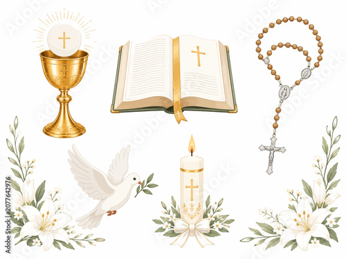 Collection of First Holy Communion Religious Elements and Floral Illustrations