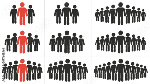 Group leader and team workforce concepts represented by stick figure icon grids