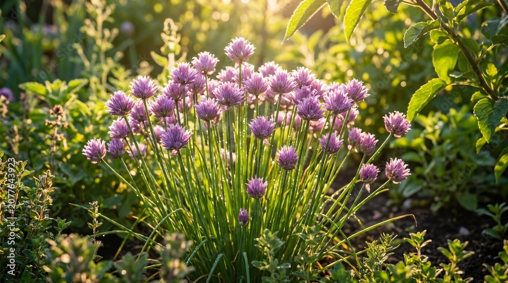 Obraz premium Sunlit cluster of vibrant purple chives grows vigorously in a garden bed with delicate stalks glowing under bright golden hour backlight.