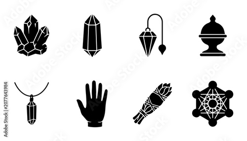 Obraz na plátně Mystic and spiritual icon set for wellness and divination outline, solid and col