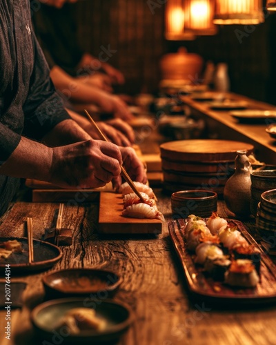 Chef preparing sushi in warm Japanese restaurant with traditional dining atmosphere