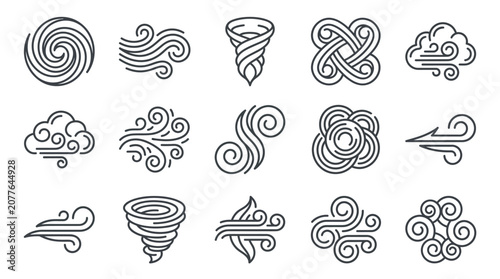 Quadro su tela Weather storm and wind gust line icon set.