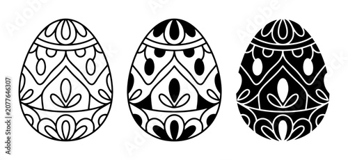 3 patterned Easter eggs icon set, outline and solid, for holiday decoration