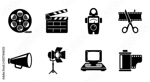 Obraz na plátně 8 Film Production Icons, Silhouette, for Movie Making and Video Editing