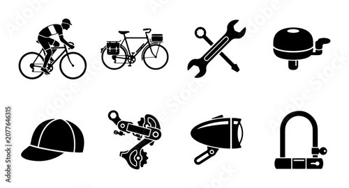 8 Bicycle Icons and Accessories, Silhouette Style, for Cycling and Transportation