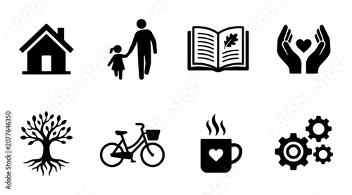 8 Silhouette Icons for Family, Education, Health, and Business Concepts