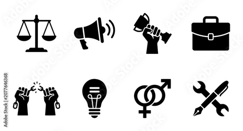8 Silhouette Icons for Justice, Business, Achievement, Freedom, Ideas, Gender, and Tools