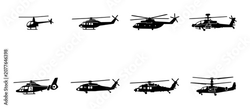 8 Helicopter Silhouettes, Black, for Aviation and Military Concepts