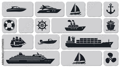 Flat vector icon set of various nautical vessels ships and maritime equipment