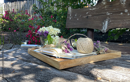 Garden stationery setup with lavender and flowers
