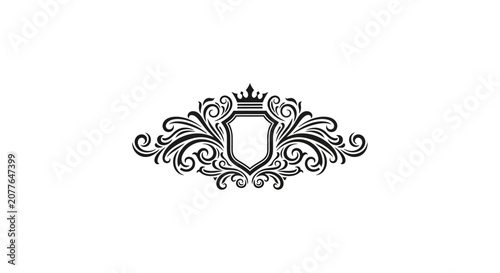 Elegant Heraldic Shield with Crown and Flourishes - Black and White Emblem