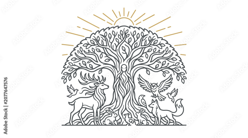 Obraz premium Tree with animals and sun illustration.
