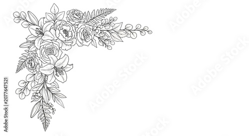 Elegant Floral Corner Design - Line Art Roses and Leaves Illustration