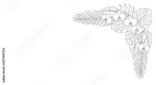 Elegant Floral Corner Design with Orchids and Tropical Leaves Line Art