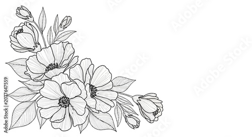 Elegant Floral Corner Design, Hand-Drawn Flowers and Leaves, Black and White Sketch