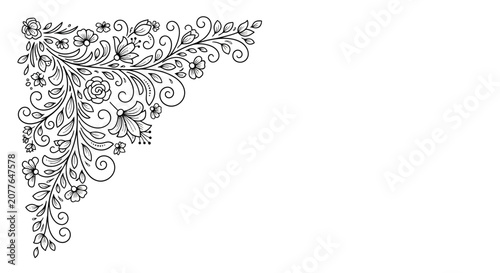 Elegant Floral Corner Design, Swirls and Flowers, Black and White Illustration