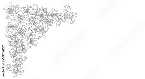 Elegant Floral Corner Design, Rose and Lily Flourish, Vintage Style Decorative Element