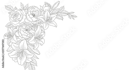 Elegant Floral Corner Design, Line Art Flowers, Roses and Lilies, Vintage Botanical Illustration