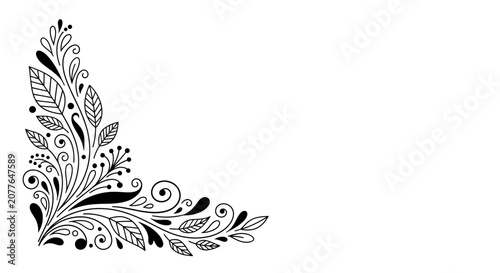 Elegant Floral Corner Design, Swirls and Leaves, Black and White Vector Ornament