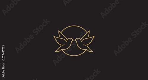 Elegant Gold Outline of Two Doves Kissing Inside a Circle on Black Background