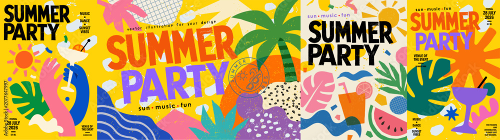Fototapeta premium Summer party. Vector abstract modern illustration of tropical leaves, cocktail, sun, palm tree, wave, and bold typography for beach club, music festival, background, poster, flyer, vacation, banner 