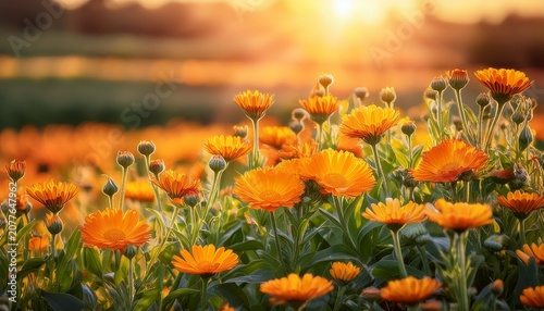 Vibrant Field Of Blossoming Orange And Yellow Calendula Flowers Basking In The Bright Golden Light Of A Warm Idyllic Summer Day Daylight Plant Floral