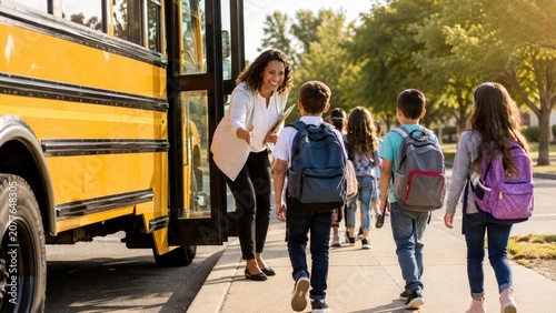 Elementary students with backpacks boarding a yellow school bus as an adult waves and greets them on a sunny sidewalk