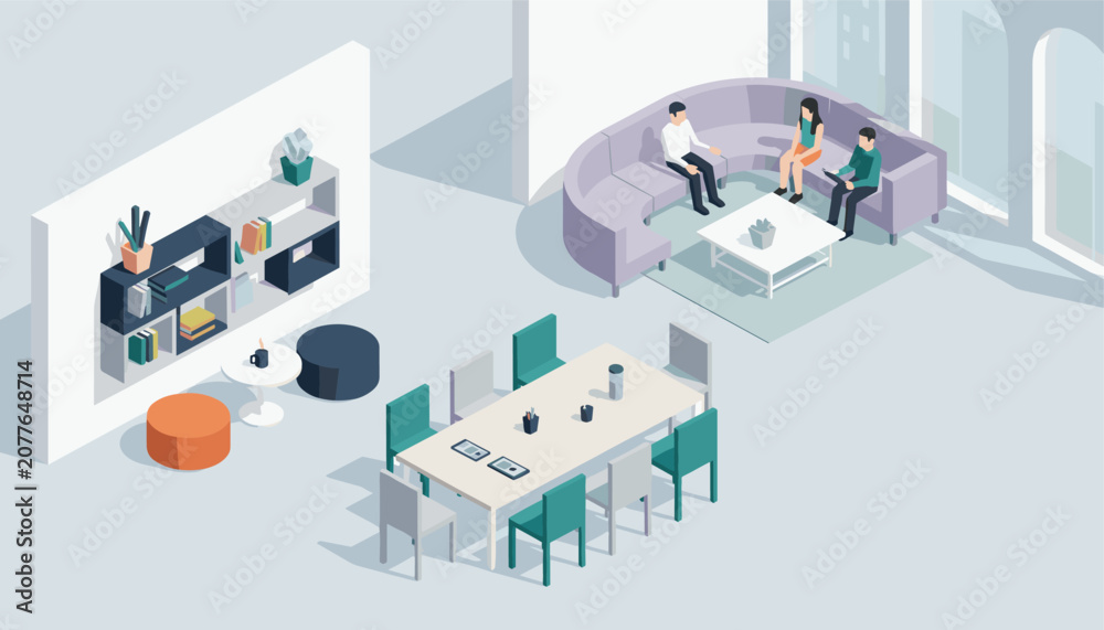Fototapeta premium Isometric office layout showing a modern conference table with chairs, a lounge area with a sofa, and a bookshelf.